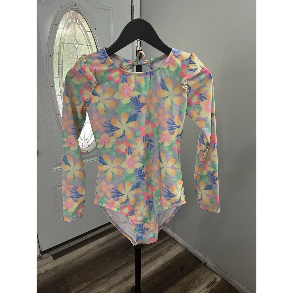 Target Girls Long Sleeve One-Piece Swimsuit Floral Tropical Multicolor Size L